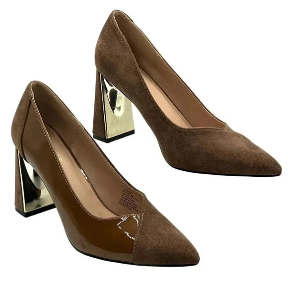 Torgeis NEW Womens 7.5 Block Heel Pumps Brown Suede & Patent Leather Minimalist - Picture 2 of 16
